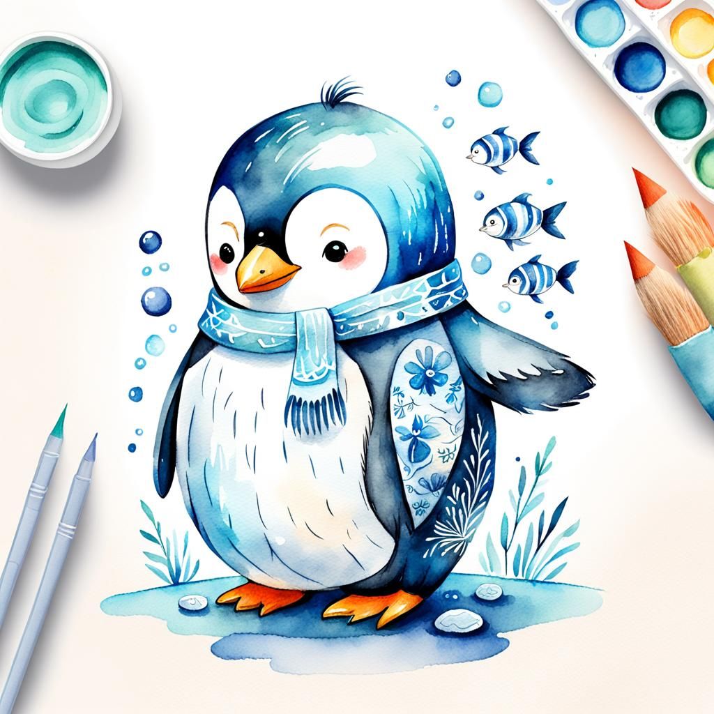 Matryoshka Penguin with Fish: Watercolor Cartoon