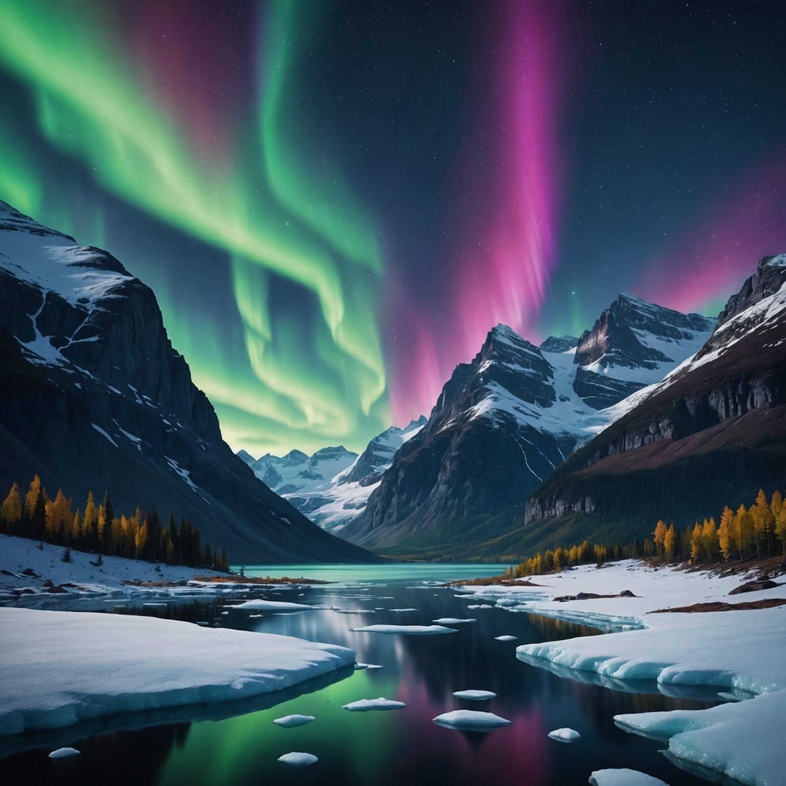 Colorful Aurora Over Frozen Lake