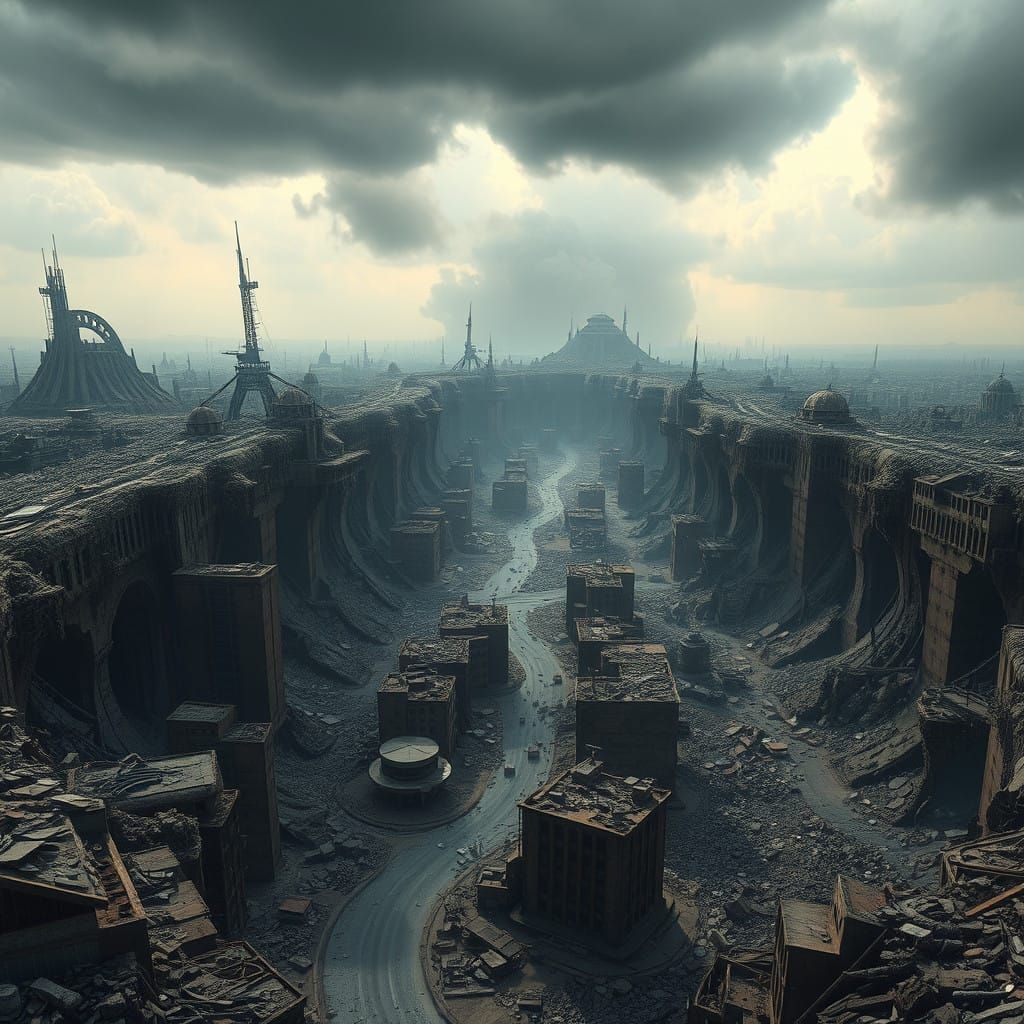 Post-Apocalyptic Metropolis in Ruins, Inspired by Stalenhag,...