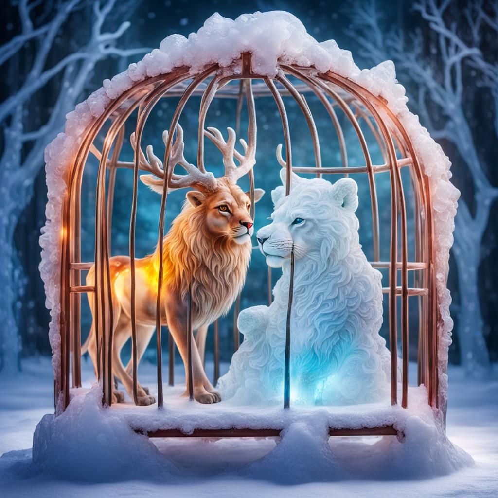 Shining Ice Sculpture: Reindeer and Lion