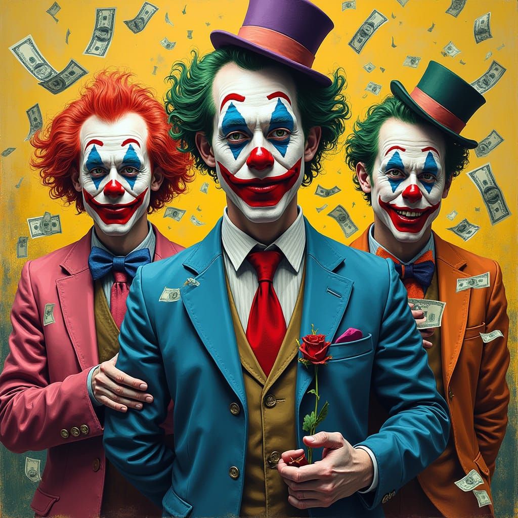 Satirical Clowns in Suits with Cash
