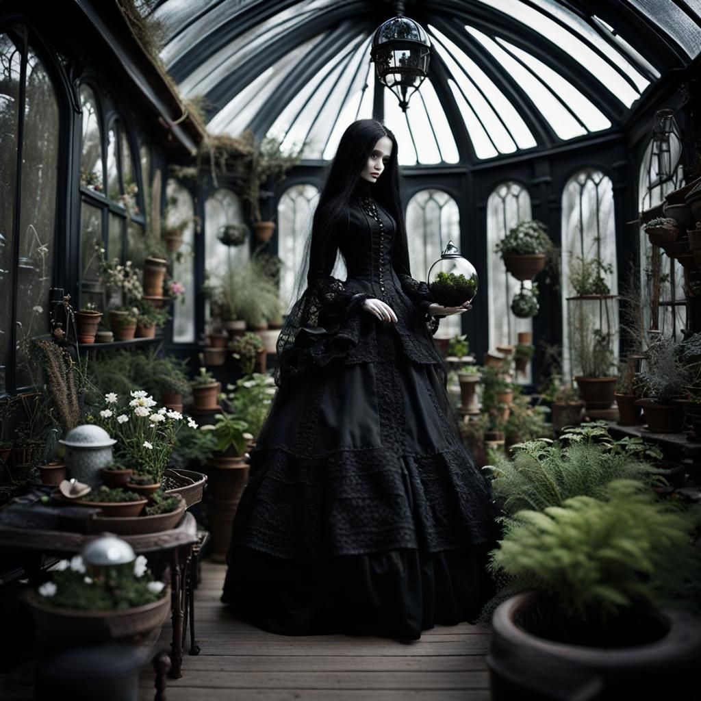 Gothic Porcelain Doll in Winter Garden