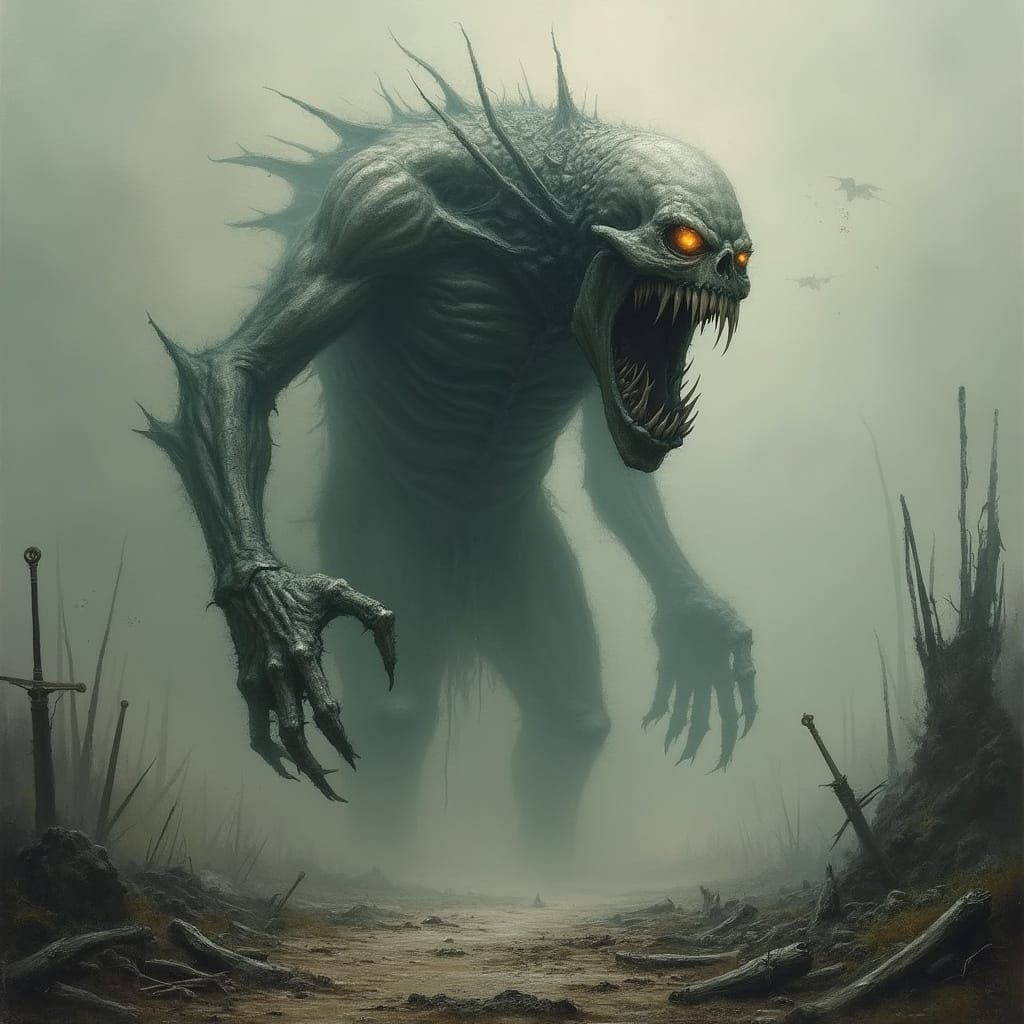 Grotesque Battlefield Monster in Dark Fantasy Style