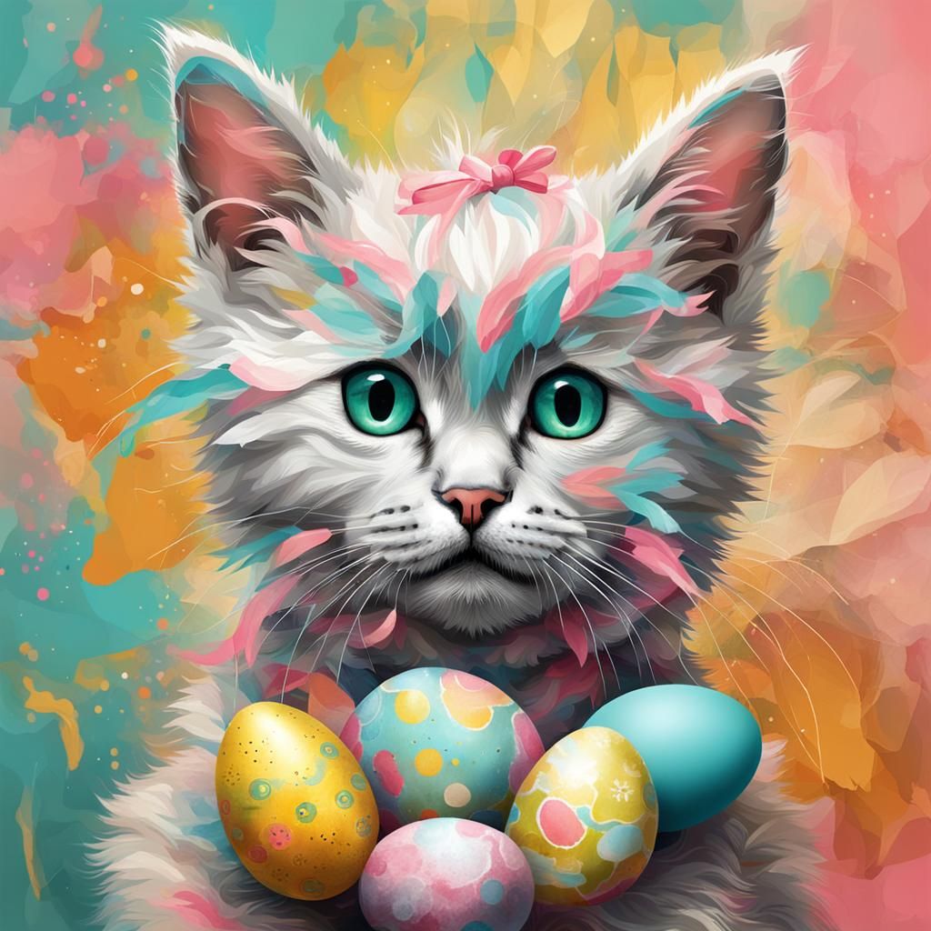 Kitten as Easter Bunny in Abstract Art