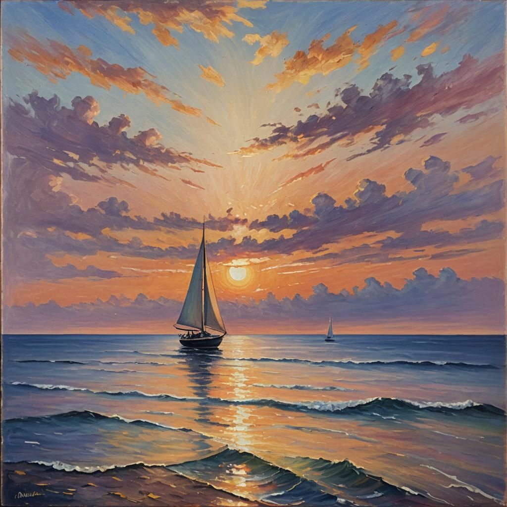Lone Sailboat at Sunset as Impressionist Oil Painting