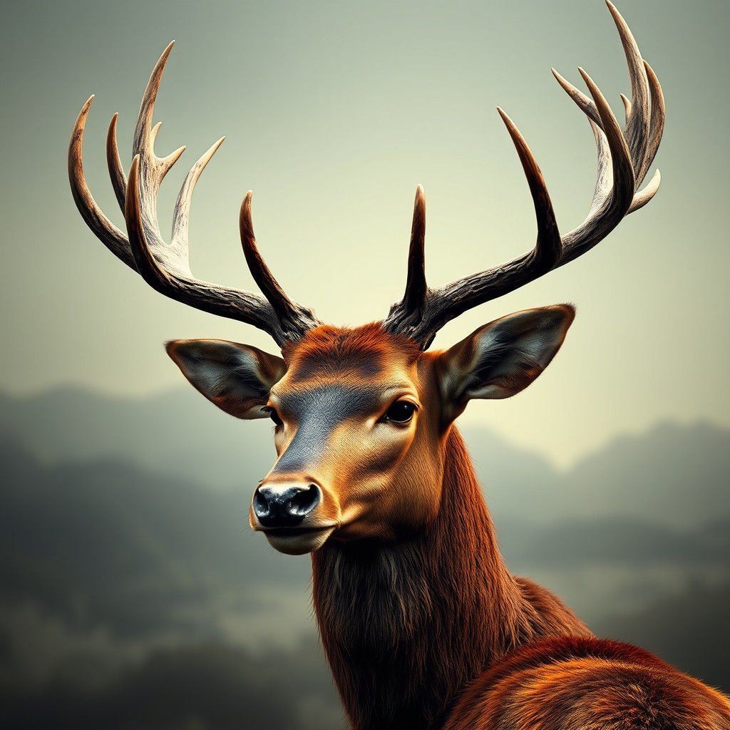 Red Deer Stag Majestic Antlers Ethereal Background Concept A...