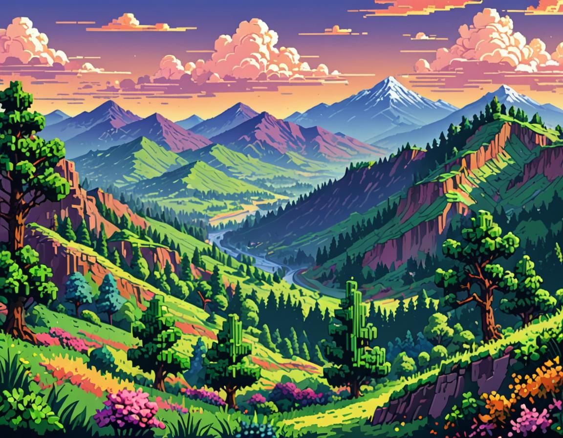 Charming Pixel Art Landscape in 8-Bit Style