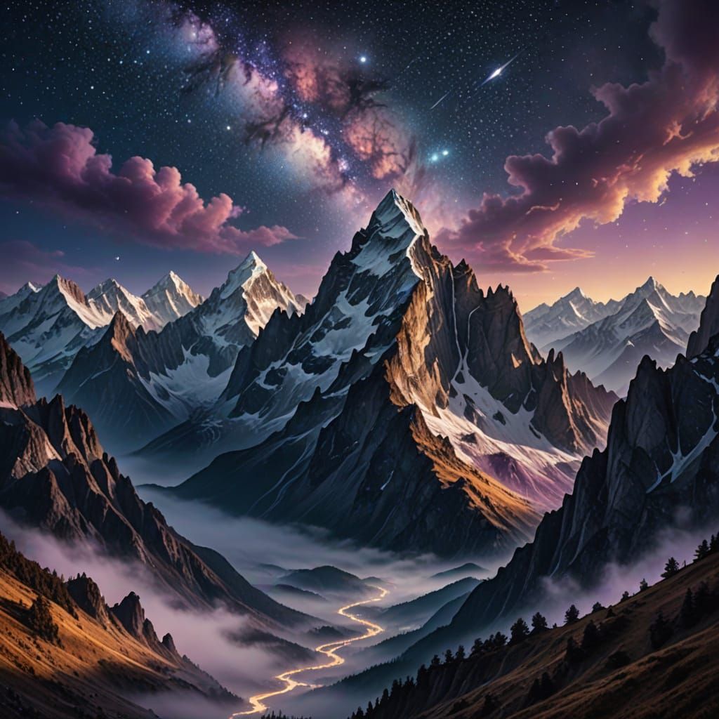 Surreal Shifting Mountains Under a Cosmic Sky