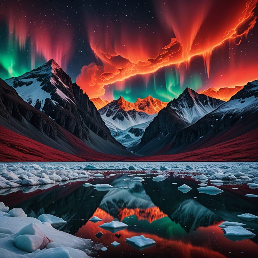 Fire-Red Aurora Lights Arctic Mountain Landscape