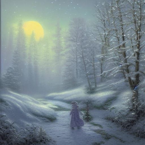 Ethereal Figure Shrouded in Snowy Moonlight