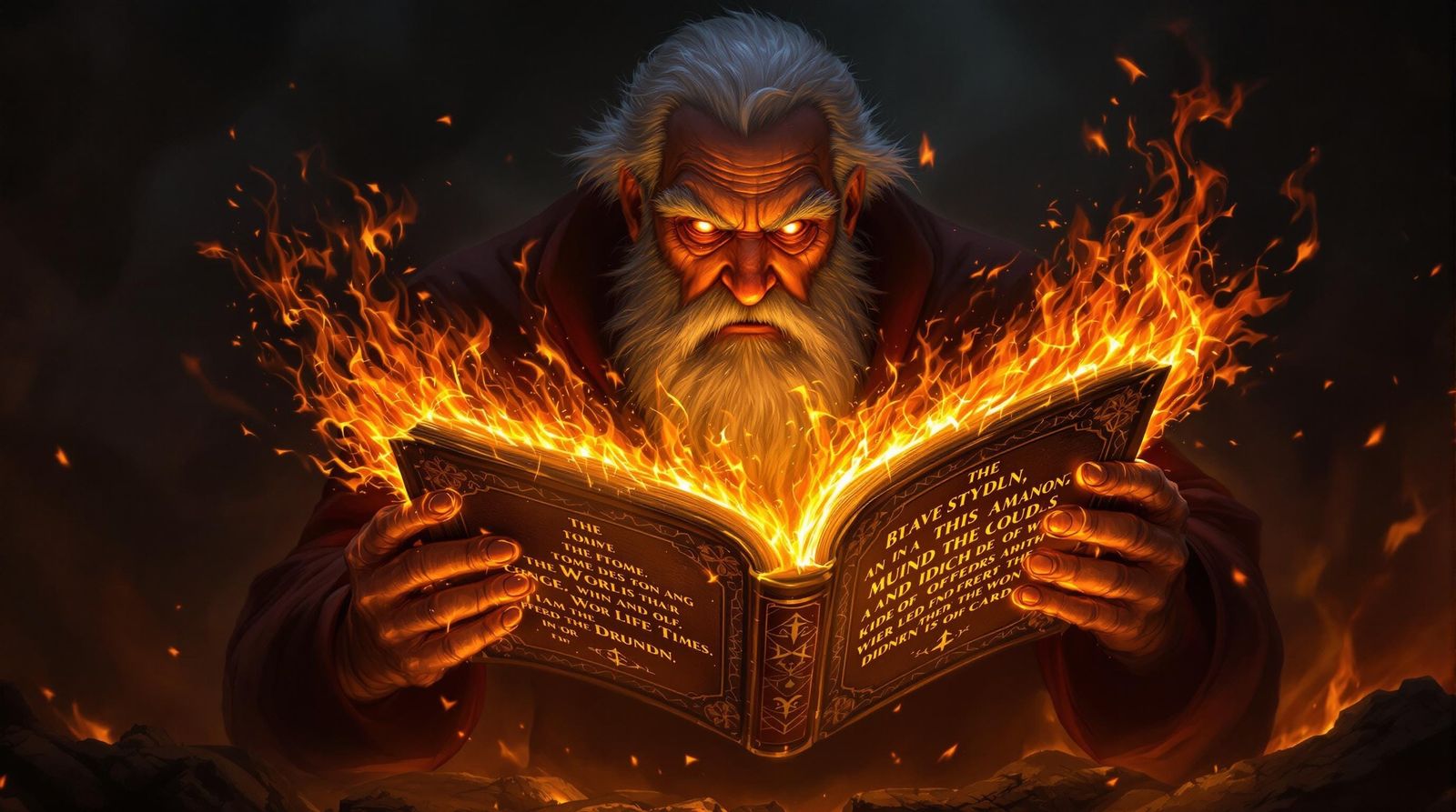 Elderly Mage's Fiery Incantation in Matte Painting Style