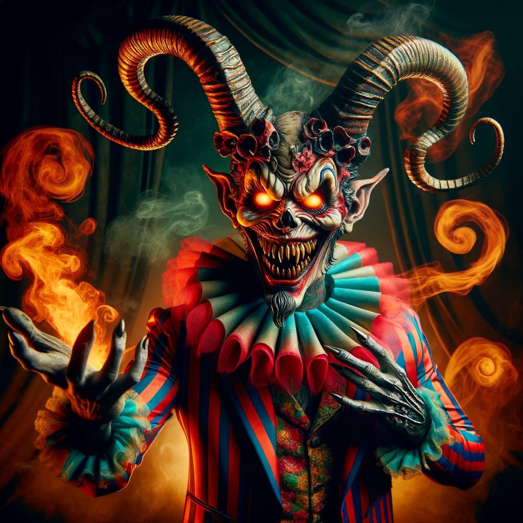 Surreal Clown Figure in a Dimly Lit Circus Atmosphere