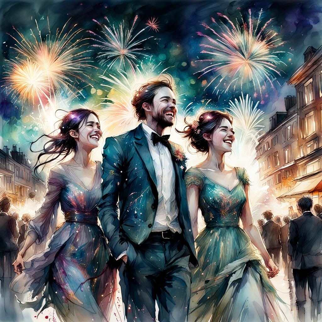 New Year's Eve Celebration in Watercolor Style