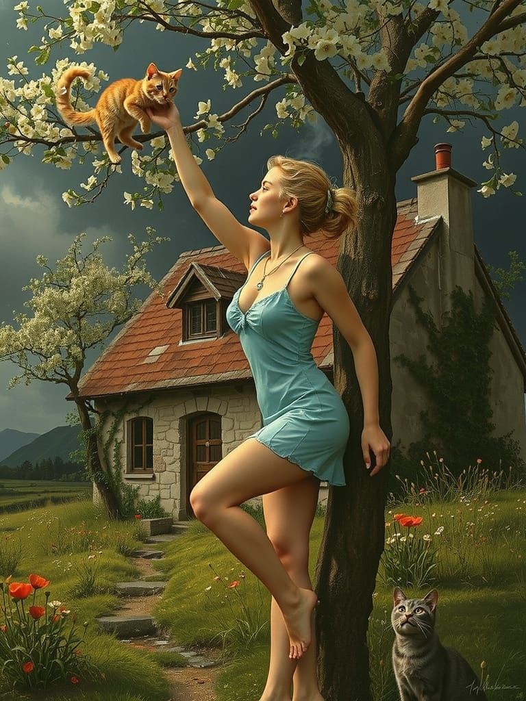 Majestic Tree Scene with Young Woman and Curious Cats