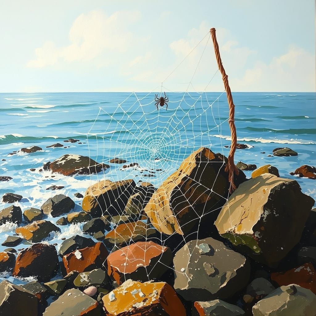 Spider Web on Rocky Shore, Oil Painting