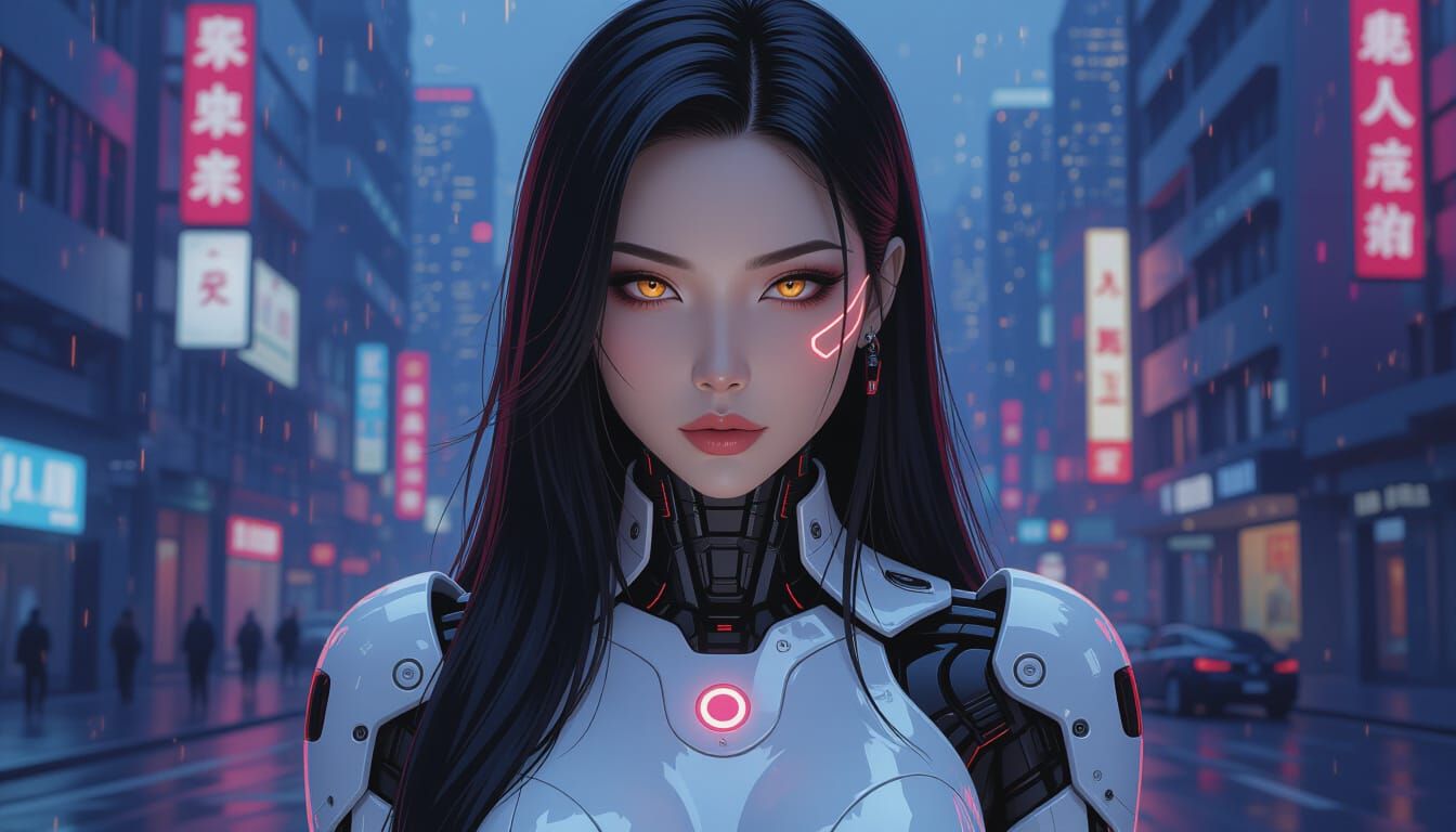 Cyberpunk Gynoid Portrait with Neon Cityscape