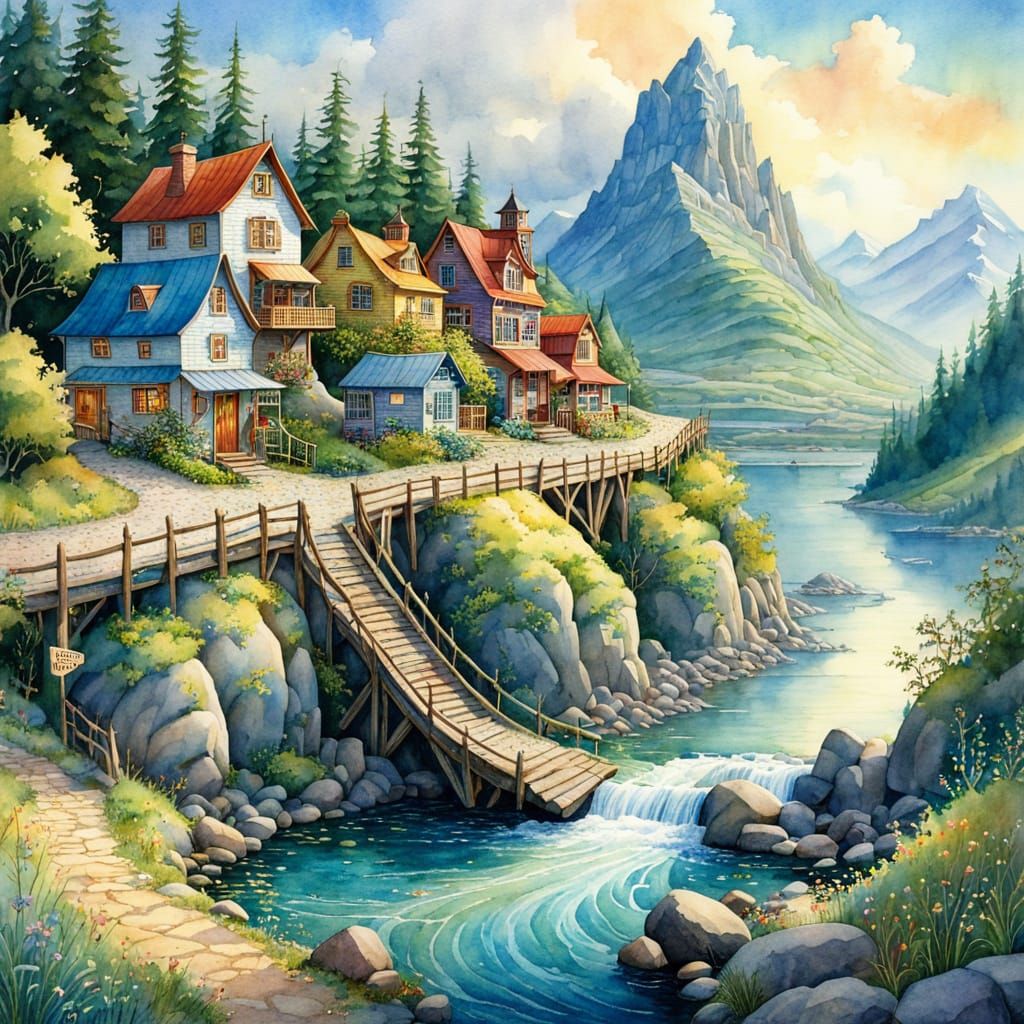 Whimsical Watercolor Village at the Crossroads of Wonder
