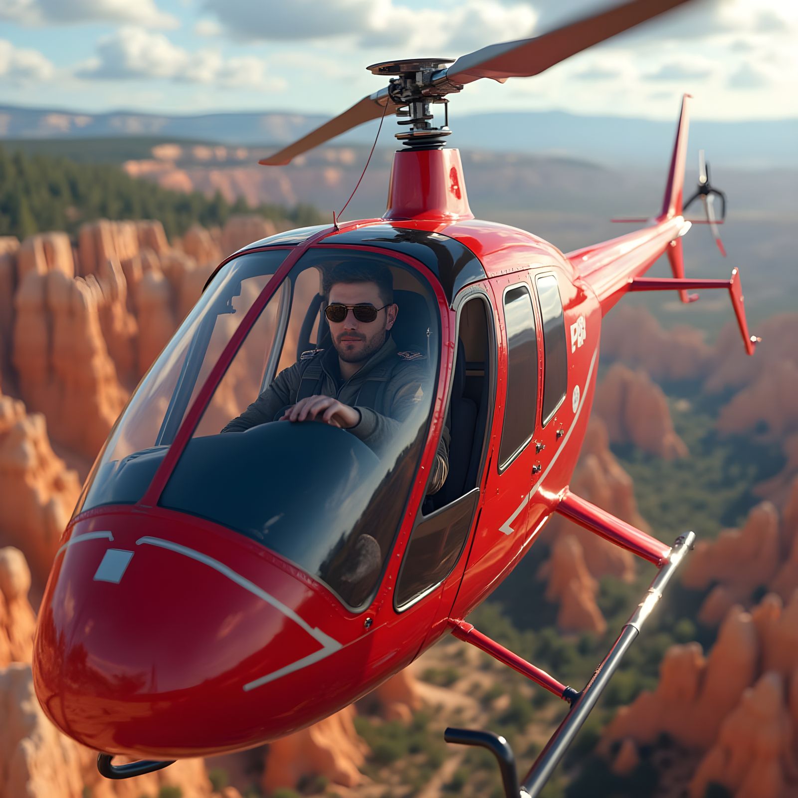 Red R44 Helicopter Soars Over Bryce Canyon