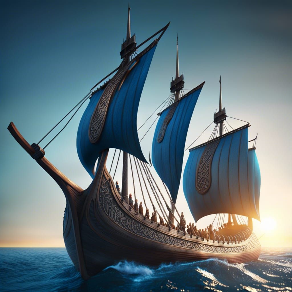 Viking Ship on Blue Ocean in Detailed Matte Painting