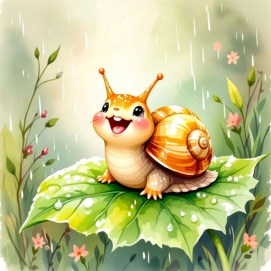 Happy Snail Laughing in the Rain on Leaf