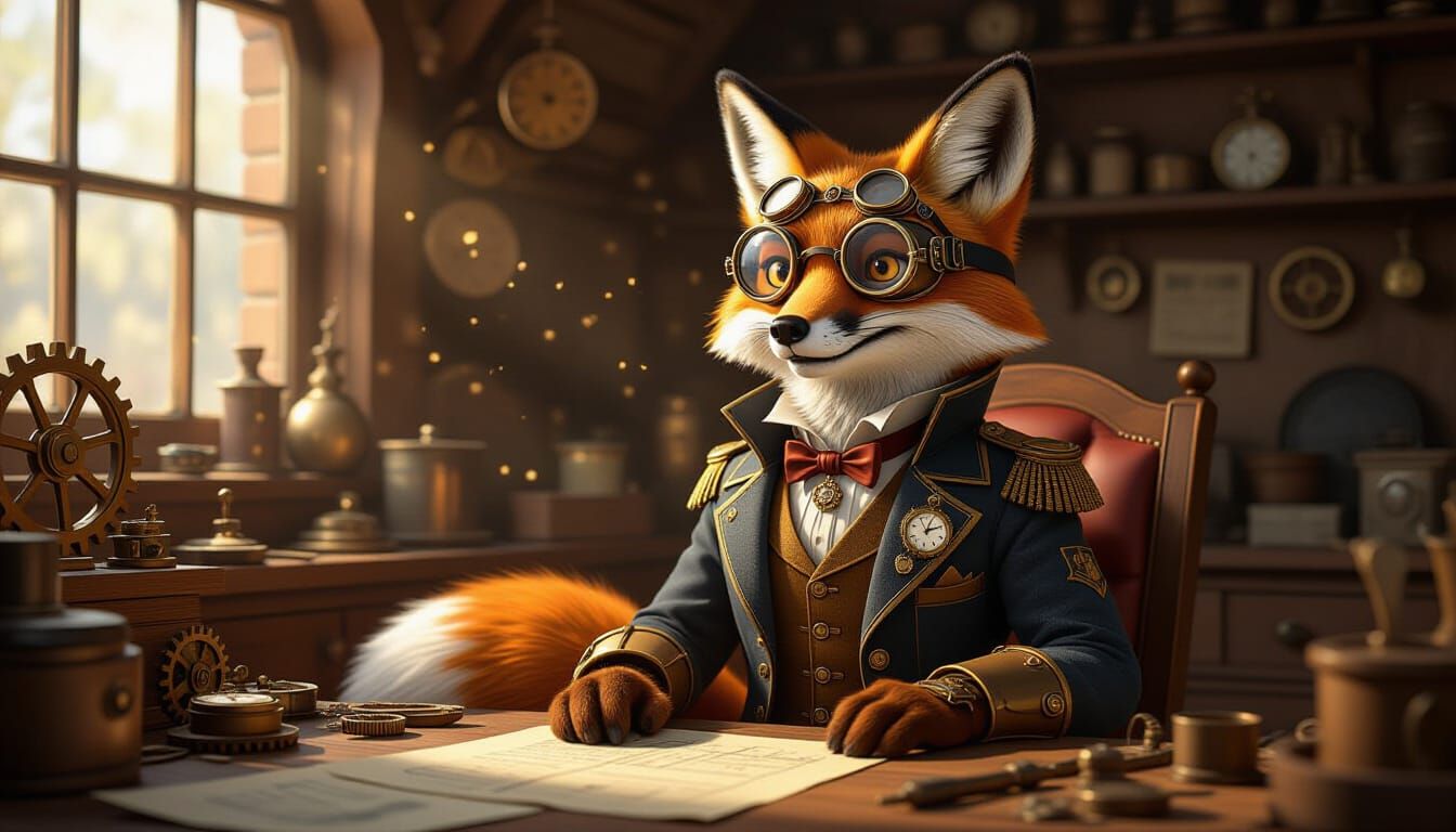 Steampunk Fox Inventor in Cozy Workshop