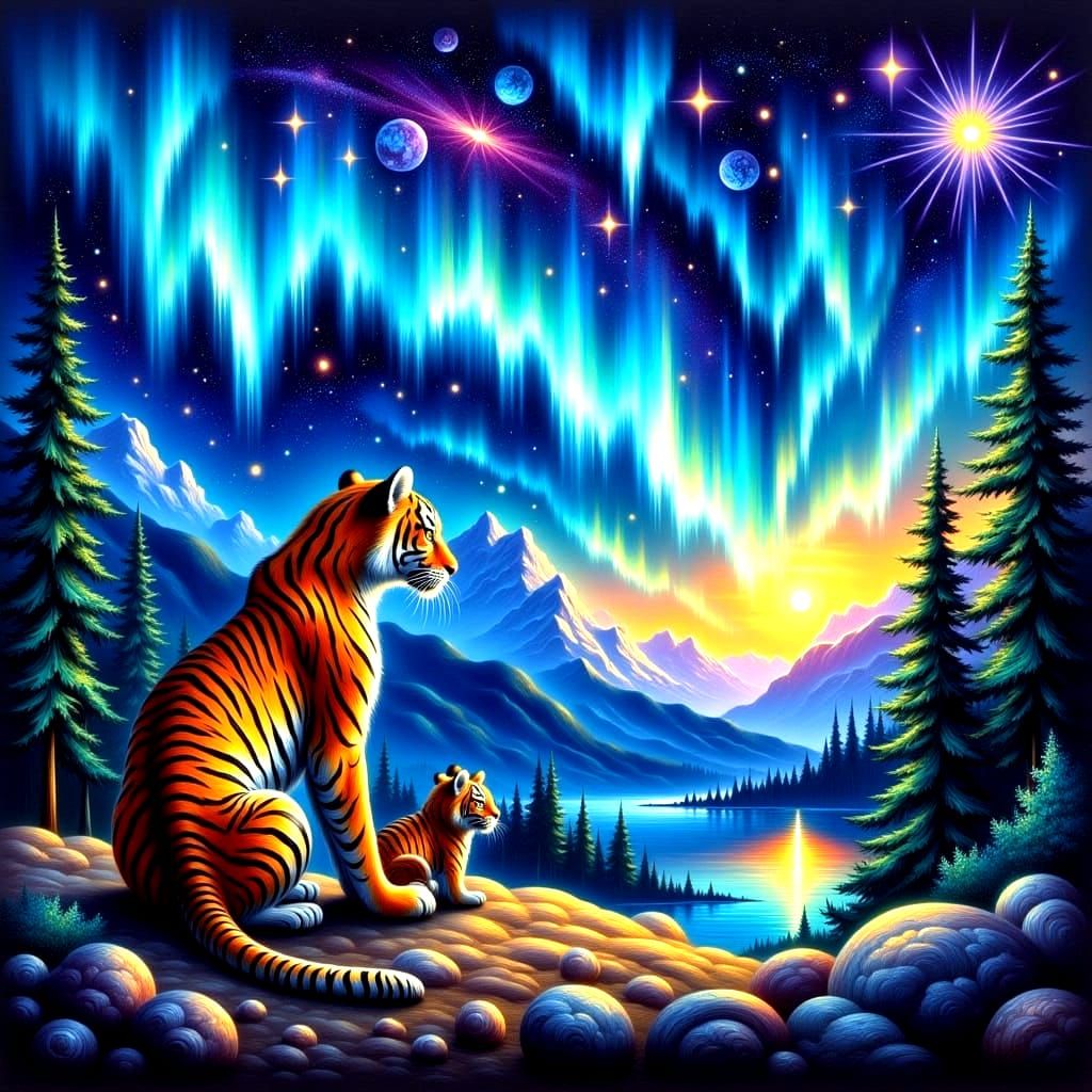 Impasto Oil Painting of Leopard and Mother Under Starry Nigh...