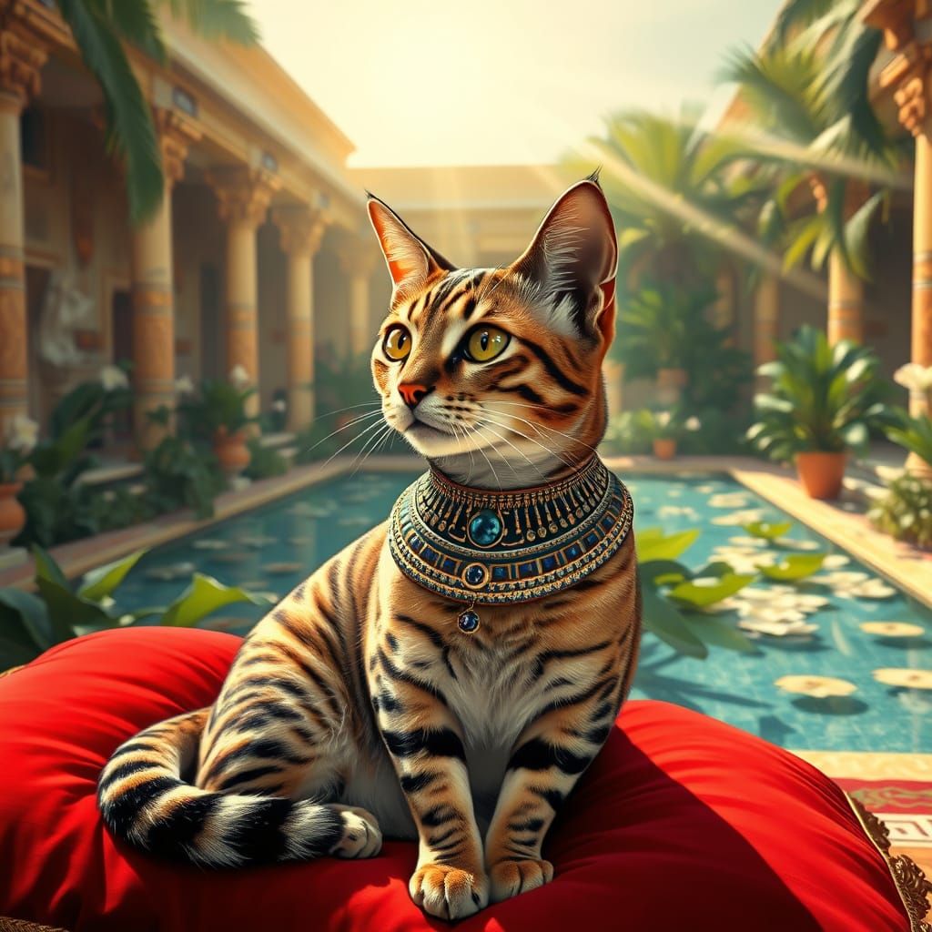 Bengal Cat in Egyptian Collar, Klimt-Inspired Art