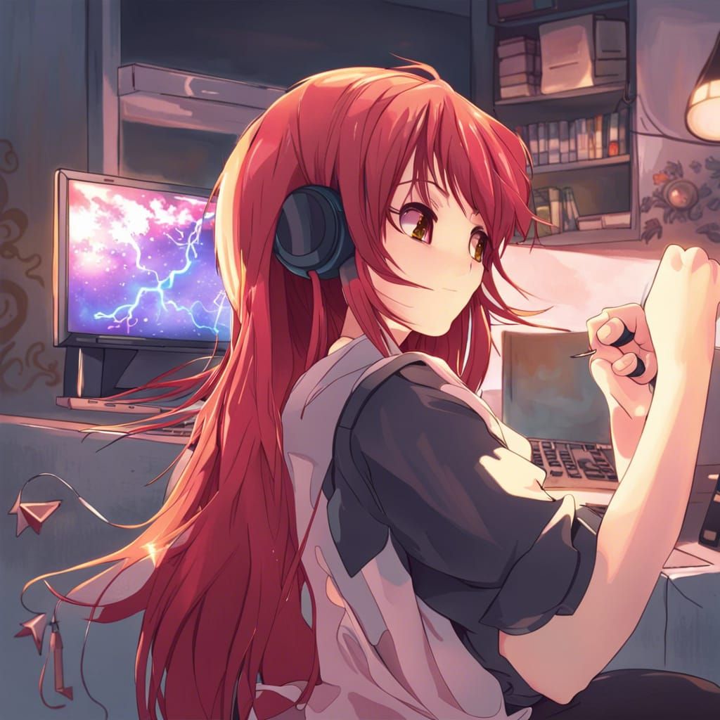 Anime Girl Immersed in Video Game