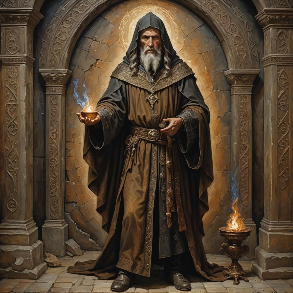 Medieval Sorcerer Wielding Magic in Oil Painting