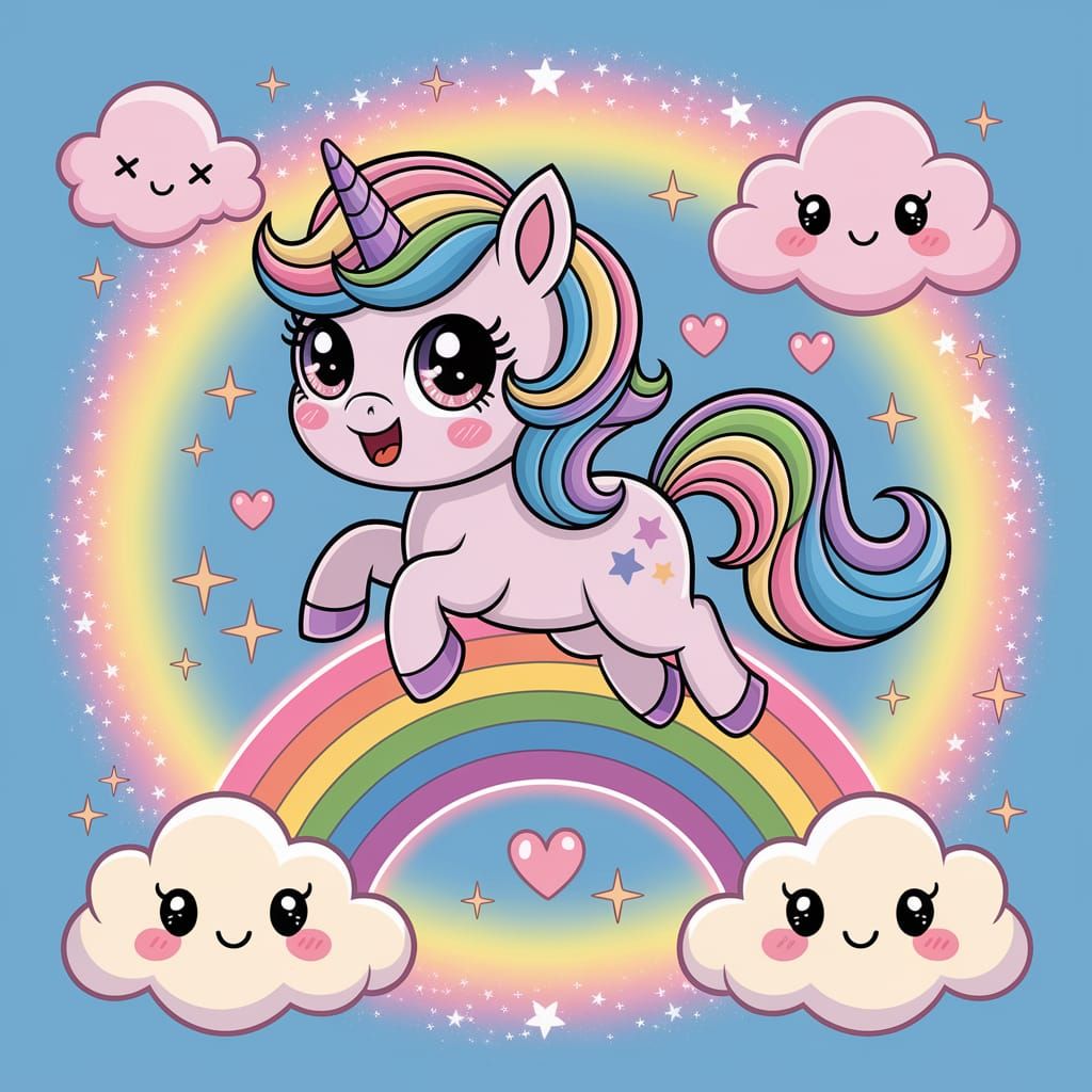 Pastel Kawaii Unicorn Leaping Over a Rainbow