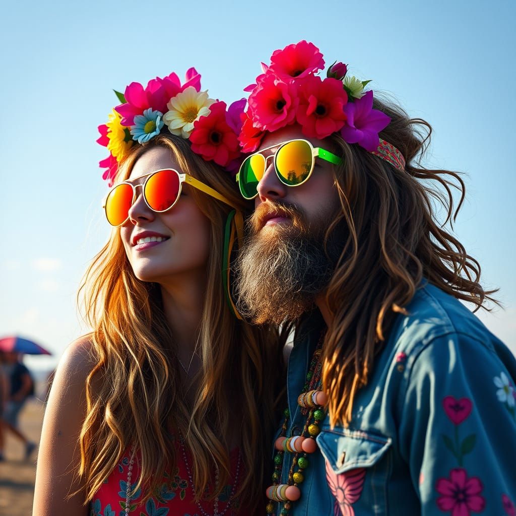 Psychedelic Hippie Couple at Festival with Flowers and Round...