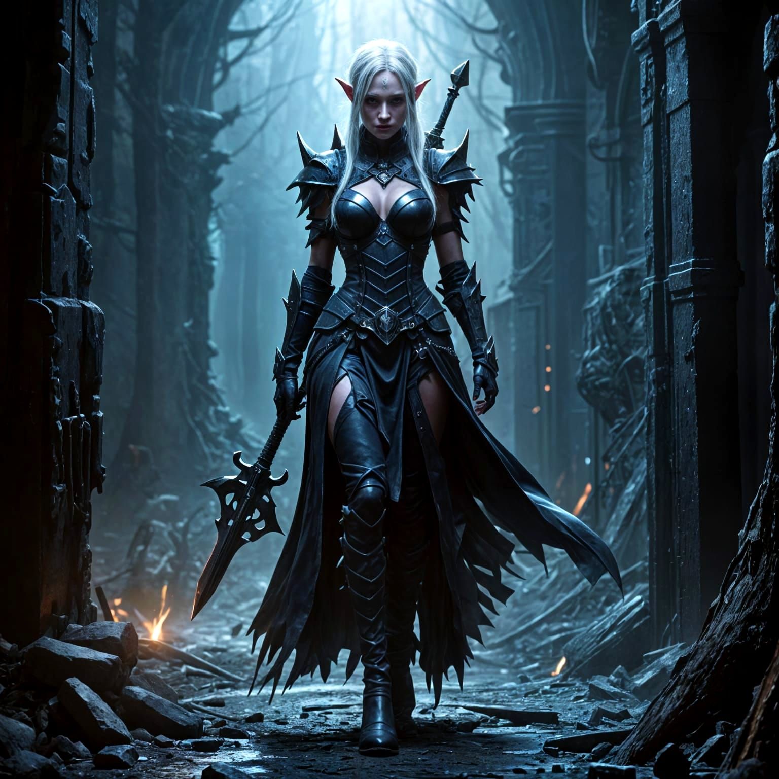 Drow Elf Warrior in Dark Fantasy Warhammer 40k Style