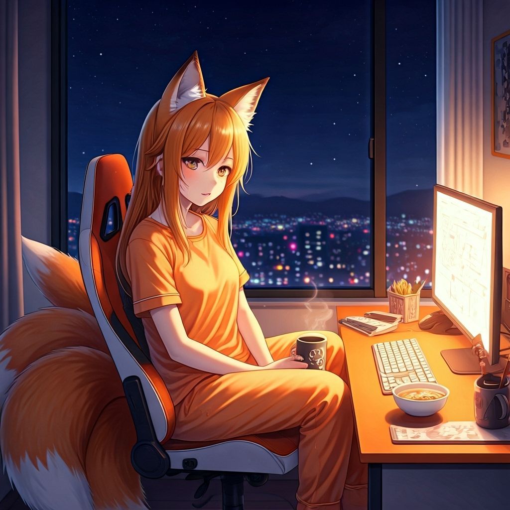 Anime Fox Girl Relaxing in Pajamas by Gaming Desk