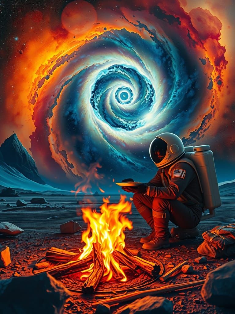 Astronaut Breakfast on Alien Planet: Oil Painting