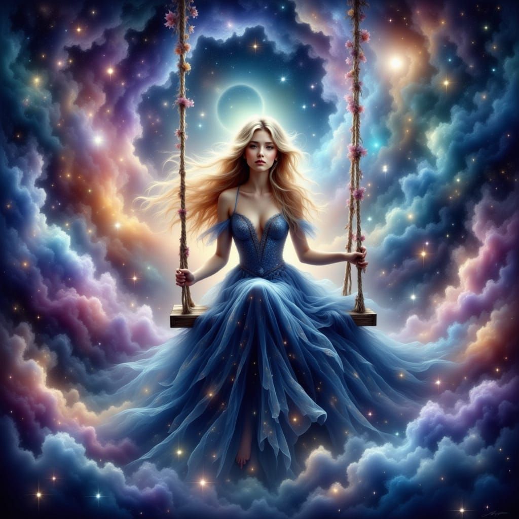 A serene and dreamlike scene depicts a young woman with long...