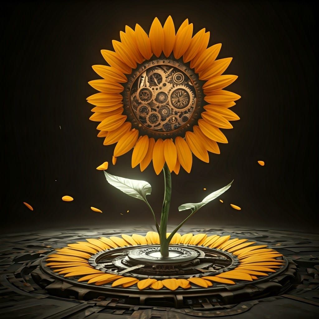 Intricate Steampunk Sunflower Blooms in Futuristic Gearwork