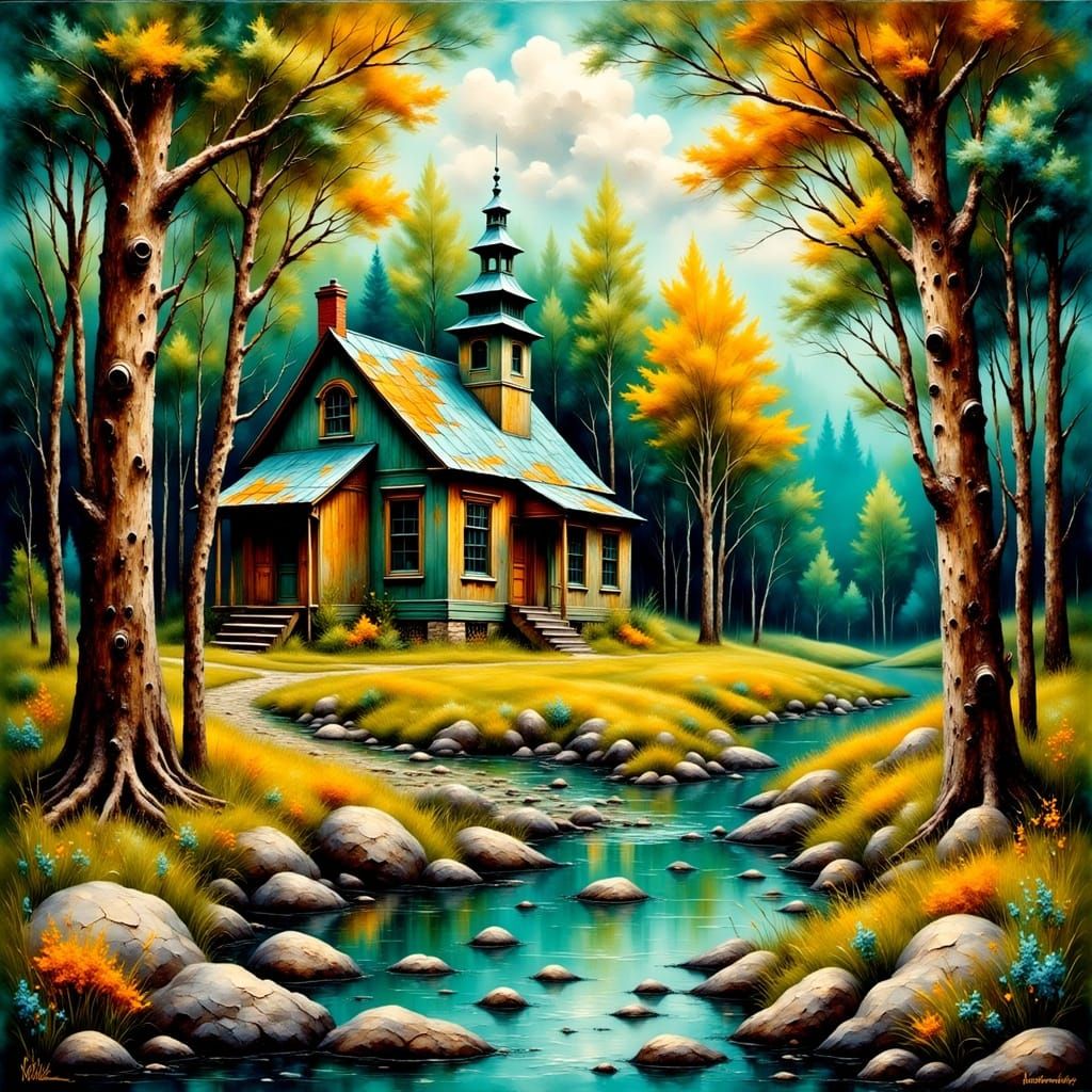 Rustic School House Amidst a Vibrant, Colorful Forest in Fol...