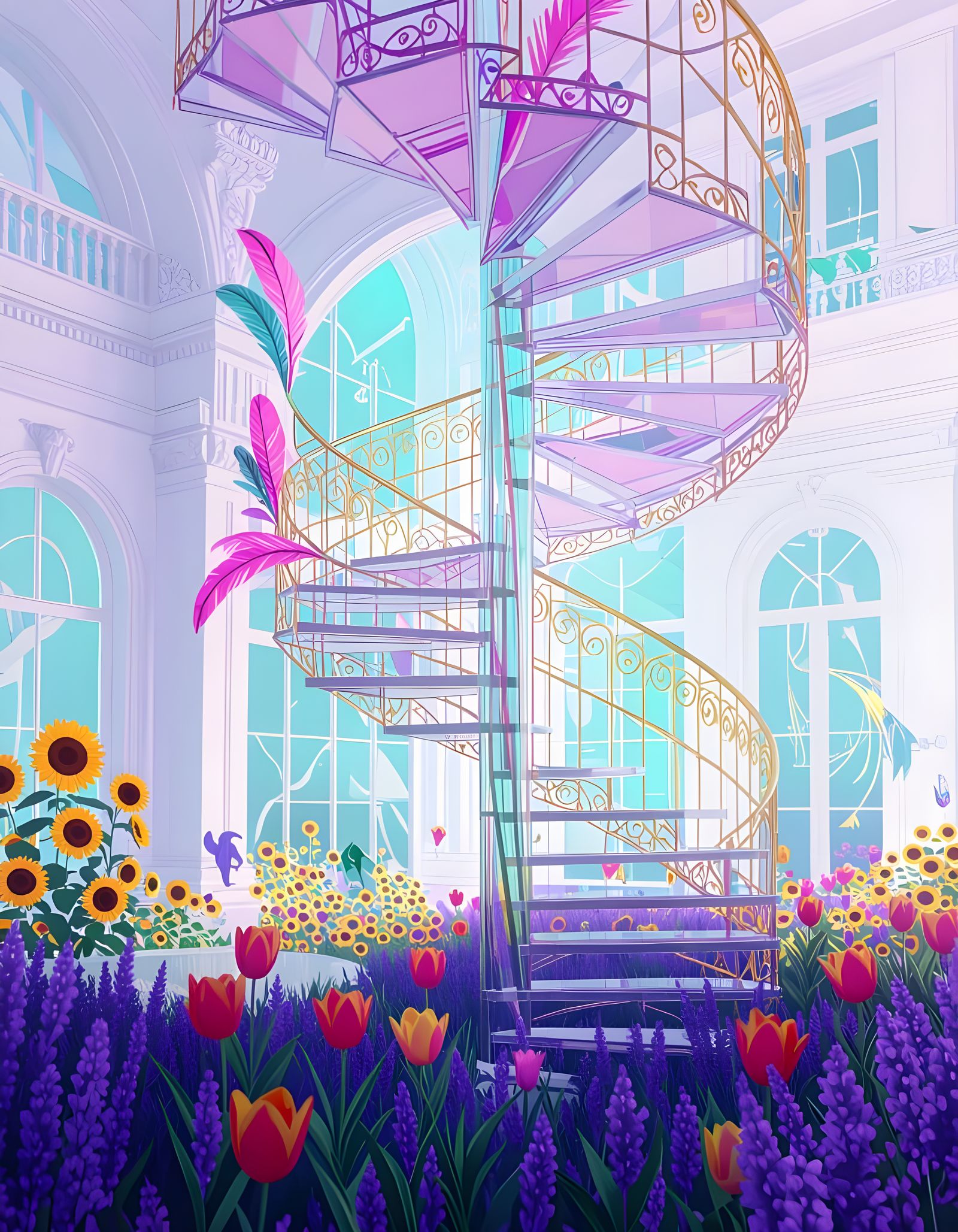 Eerie Winding Staircase in Kaleidoscope Garden
