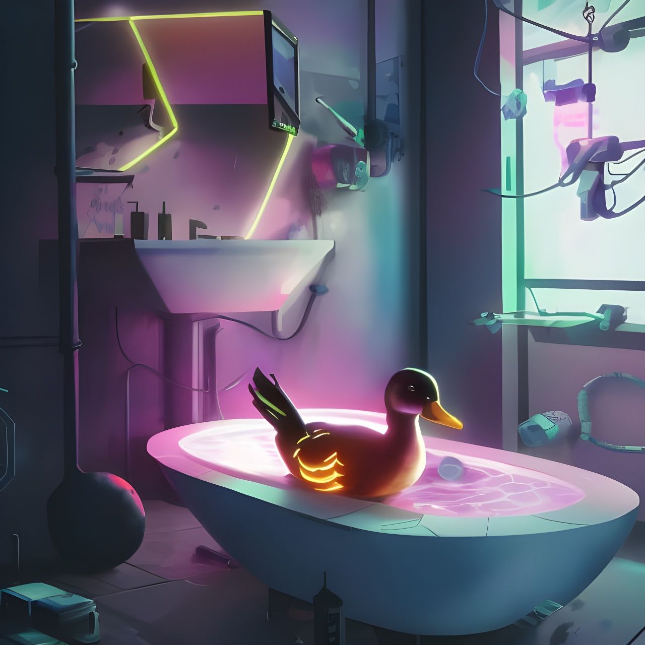 Quantum Cyberpunk Duck in Neon Bathroom