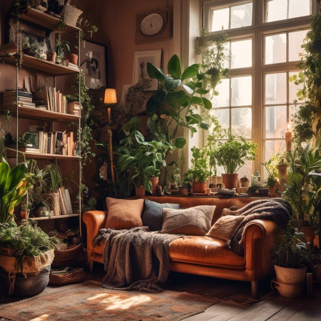 Cozy Reading Corner with Bookshelf and House Plants