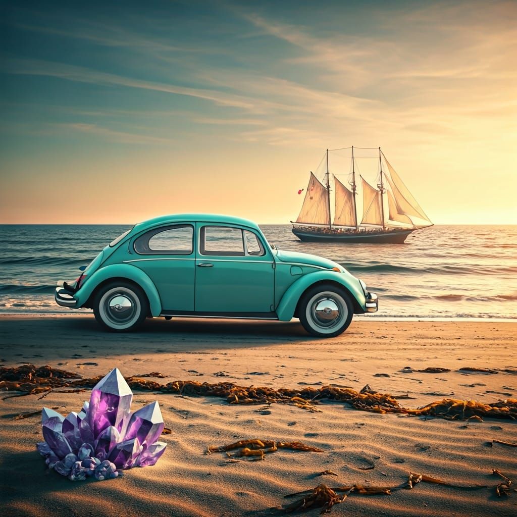 VW Beetle on Serene Beach with Amethyst Crystals