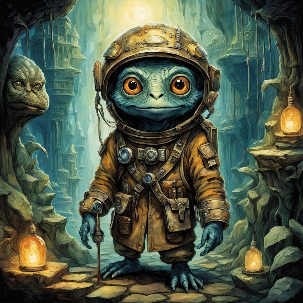 Alien Explorer Navigates Subterranean City as Watercolor Pai...