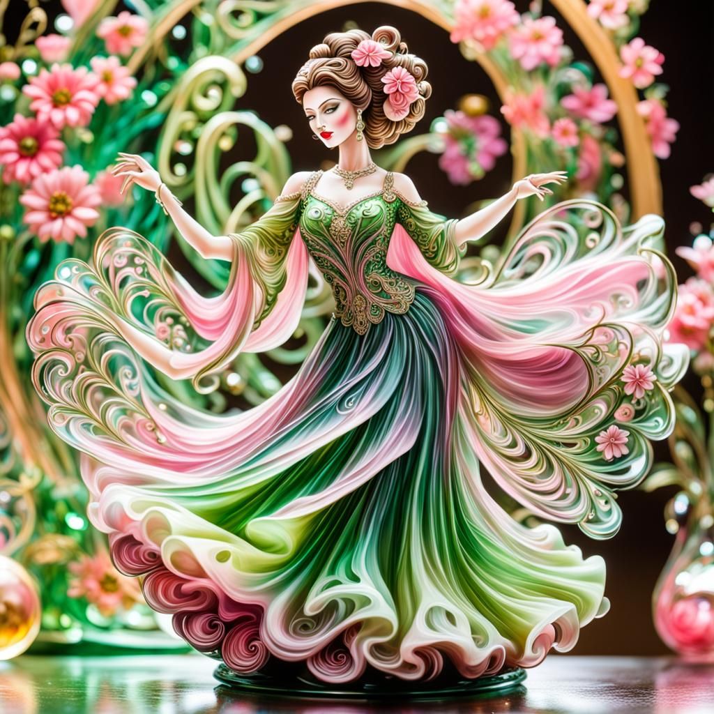 Glass Woman Dancing in Pink and Green Gown