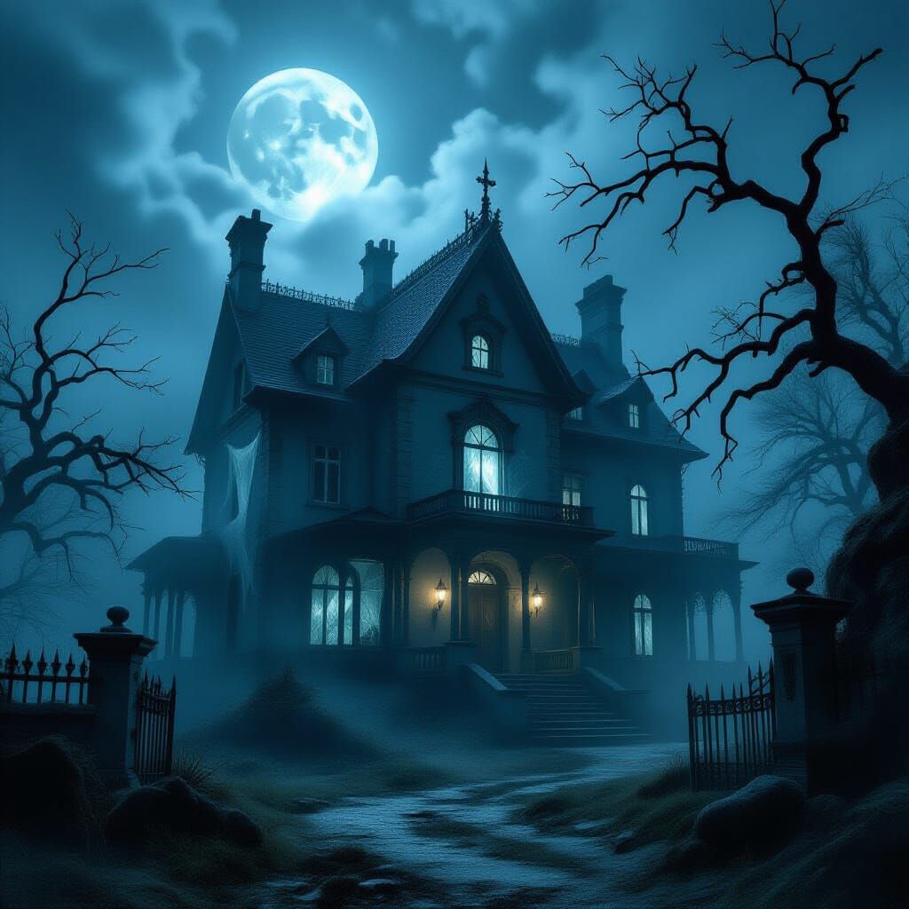 Gothic Mansion Shrouded in Mist Under Full Moon