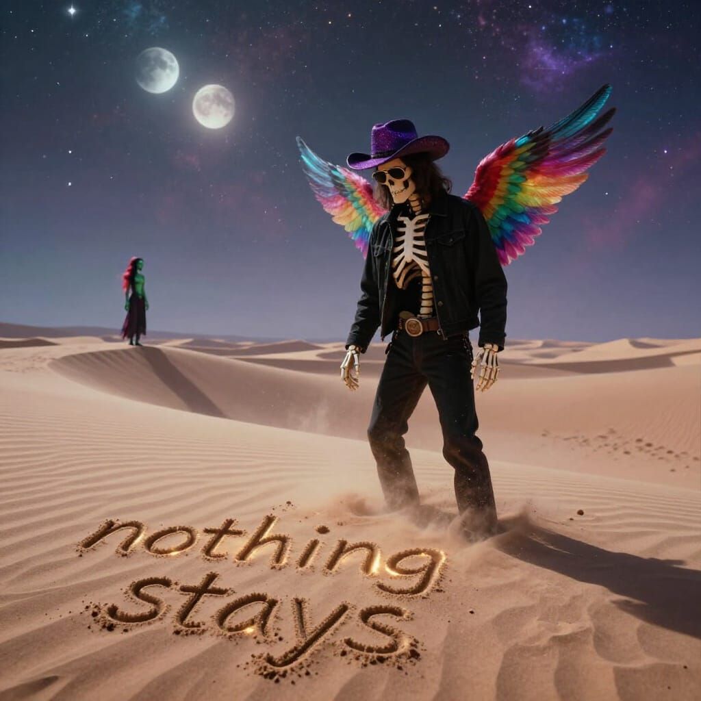 Skeleton Jesus Writing 'Nothing Stays' in Cosmic Desert