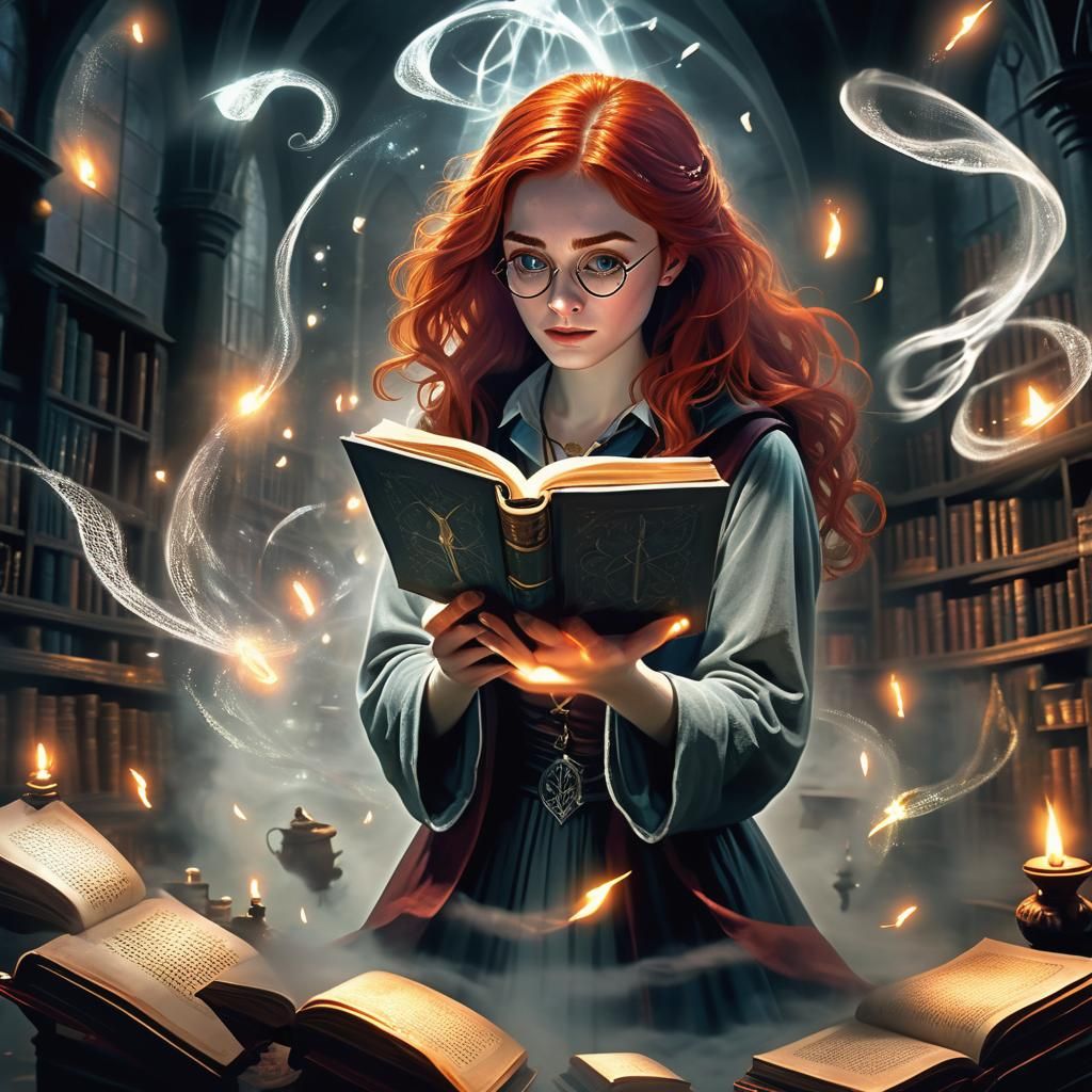 Intrigued Woman with Magic Book in Harry Potter Style