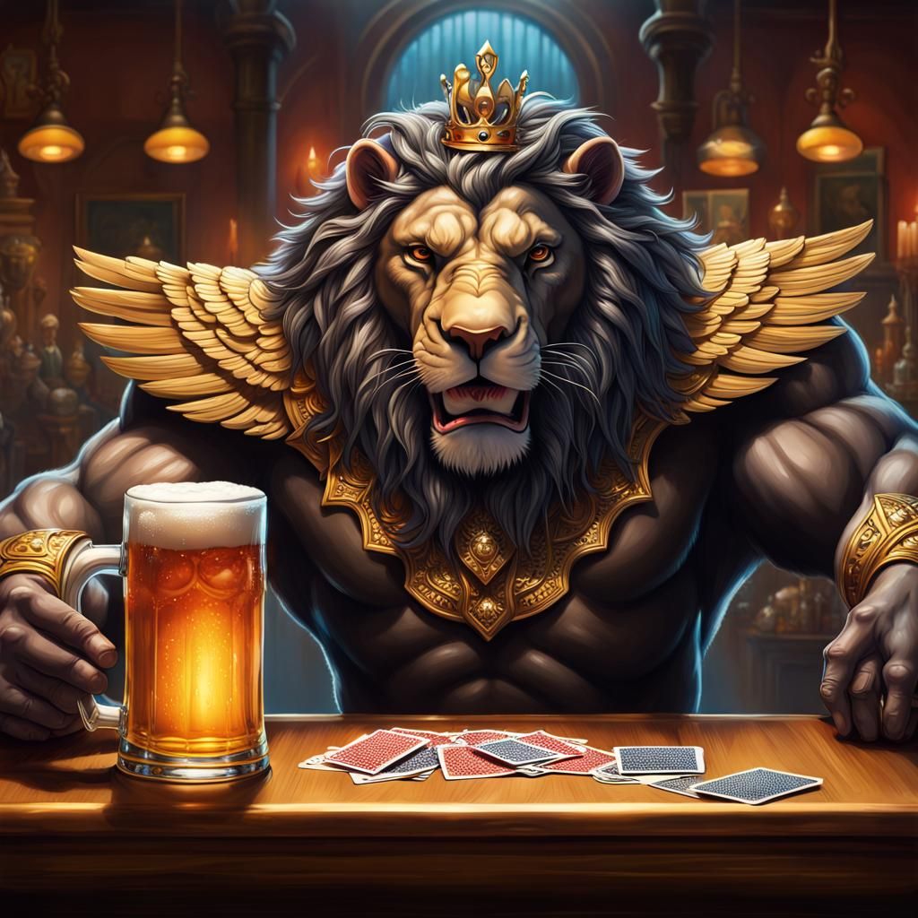 Winged Lion King Socializing at Bar, Hyperrealistic Art