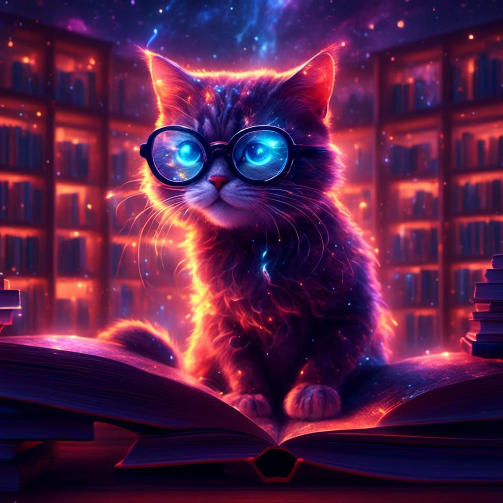 Neon Library Cat in Hyperrealistic Digital Art