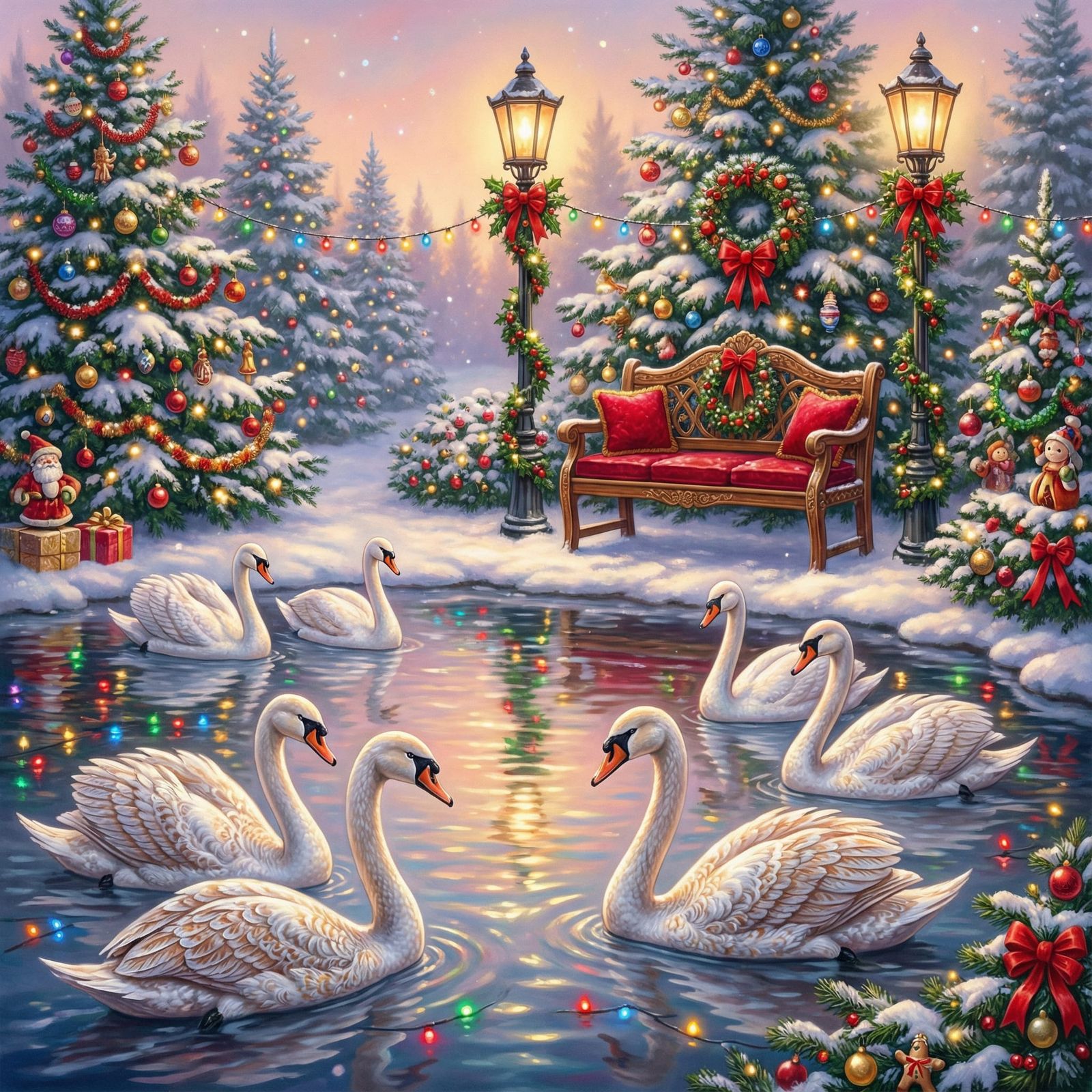 Seven Swans Swimming in Joyful Christmas Pond