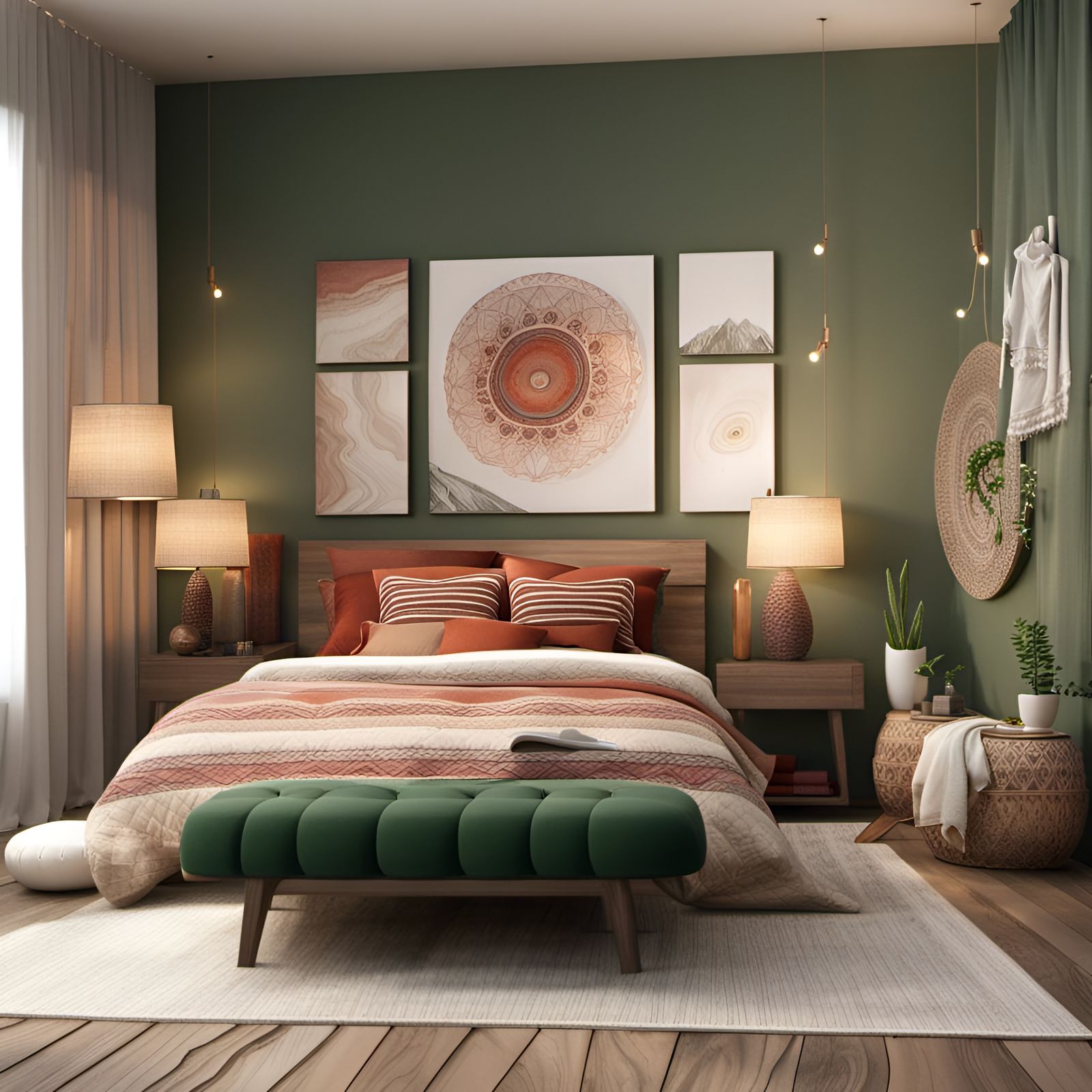 Boho-Chic Bedroom with Stone Accent Wall